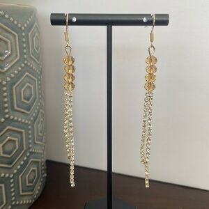 Gold Bead and Rhinestone Linear Dangle Earrings